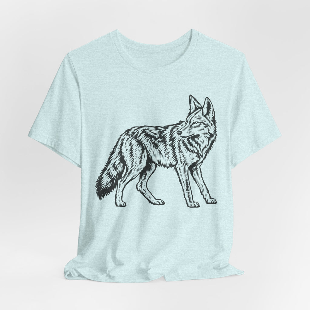 Coyote Fine Line Portrait Tee flat lay Athletic Heather - unisex crew neck coyote portrait graphic tee, Barely Outdoorsy