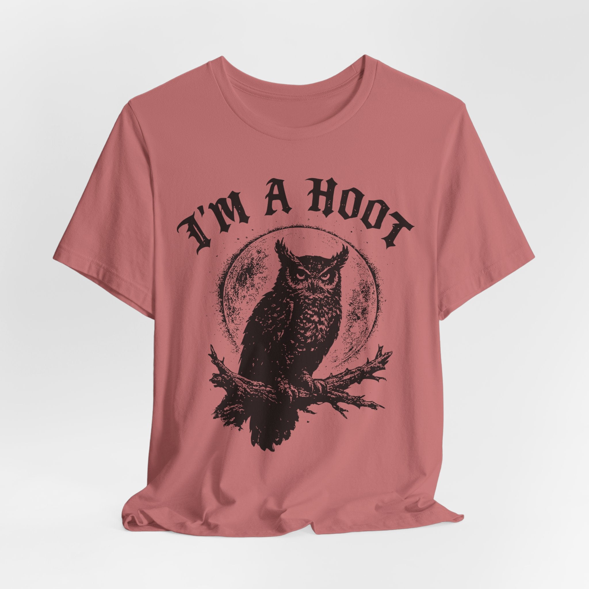 I'm A Hoot Funny Owl T-Shirt in White - gothic blackletter owl humor graphic tee, Barely Outdoorsy Bella Canvas