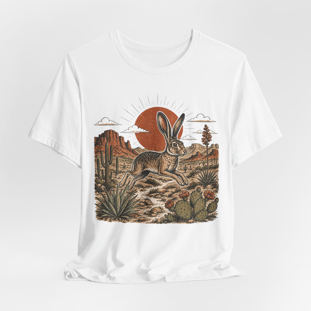 Desert Jackrabbit Sunset T-Shirt in Athletic Heather - bold jackrabbit silhouette desert sunset graphic tee, Barely Outdoorsy Bella Canvas 3001