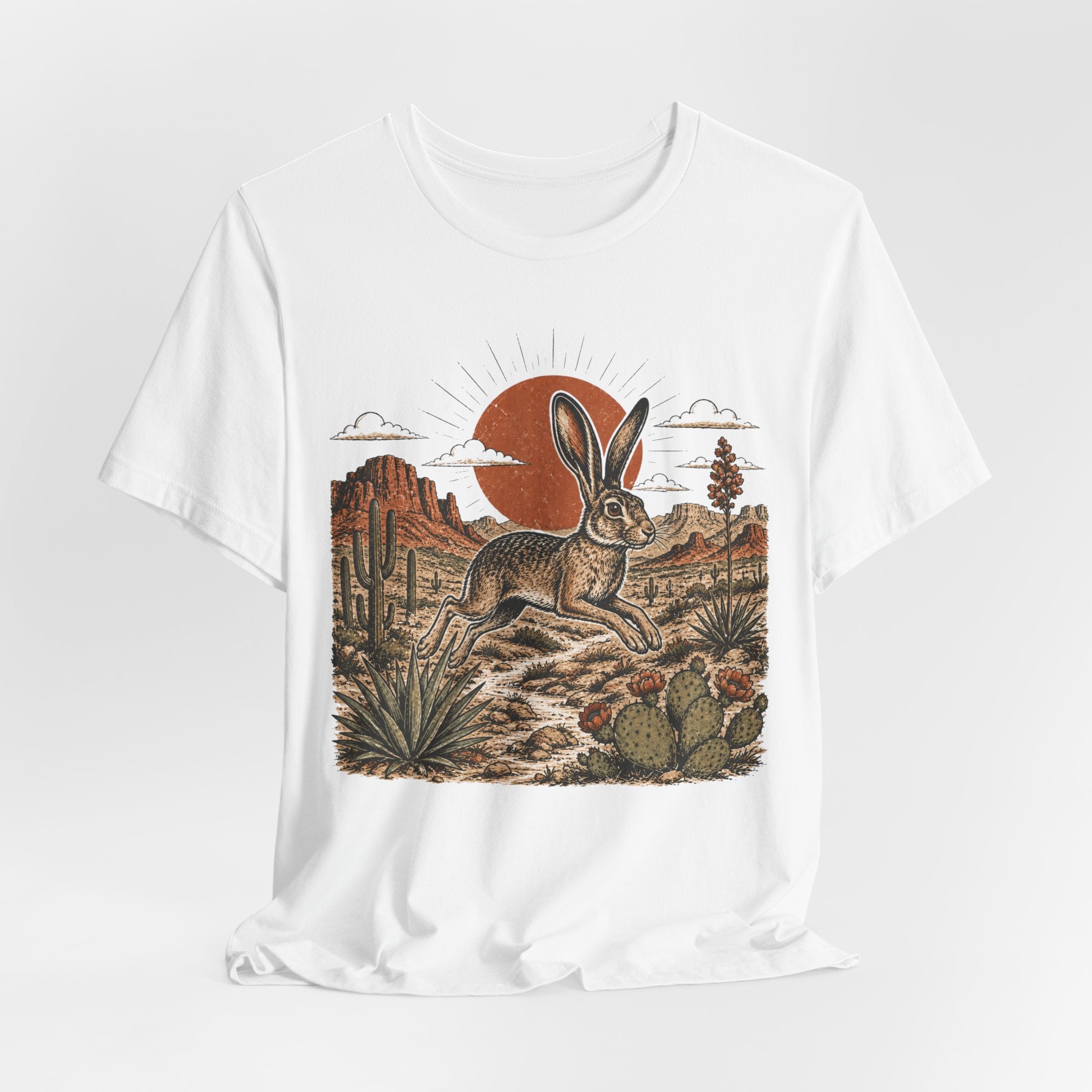 Desert Jackrabbit Sunset T-Shirt in Athletic Heather - bold jackrabbit silhouette desert sunset graphic tee, Barely Outdoorsy Bella Canvas 3001