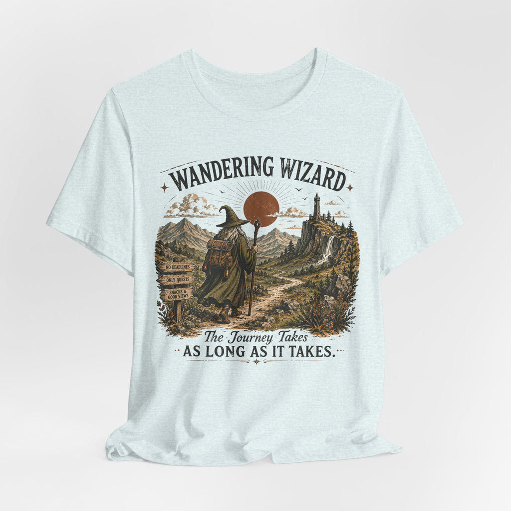 Wandering Wizard Fantasy Hiking T-Shirt in Heather Prism Lilac - fantasy wizard nature graphic tee, Barely Outdoorsy
