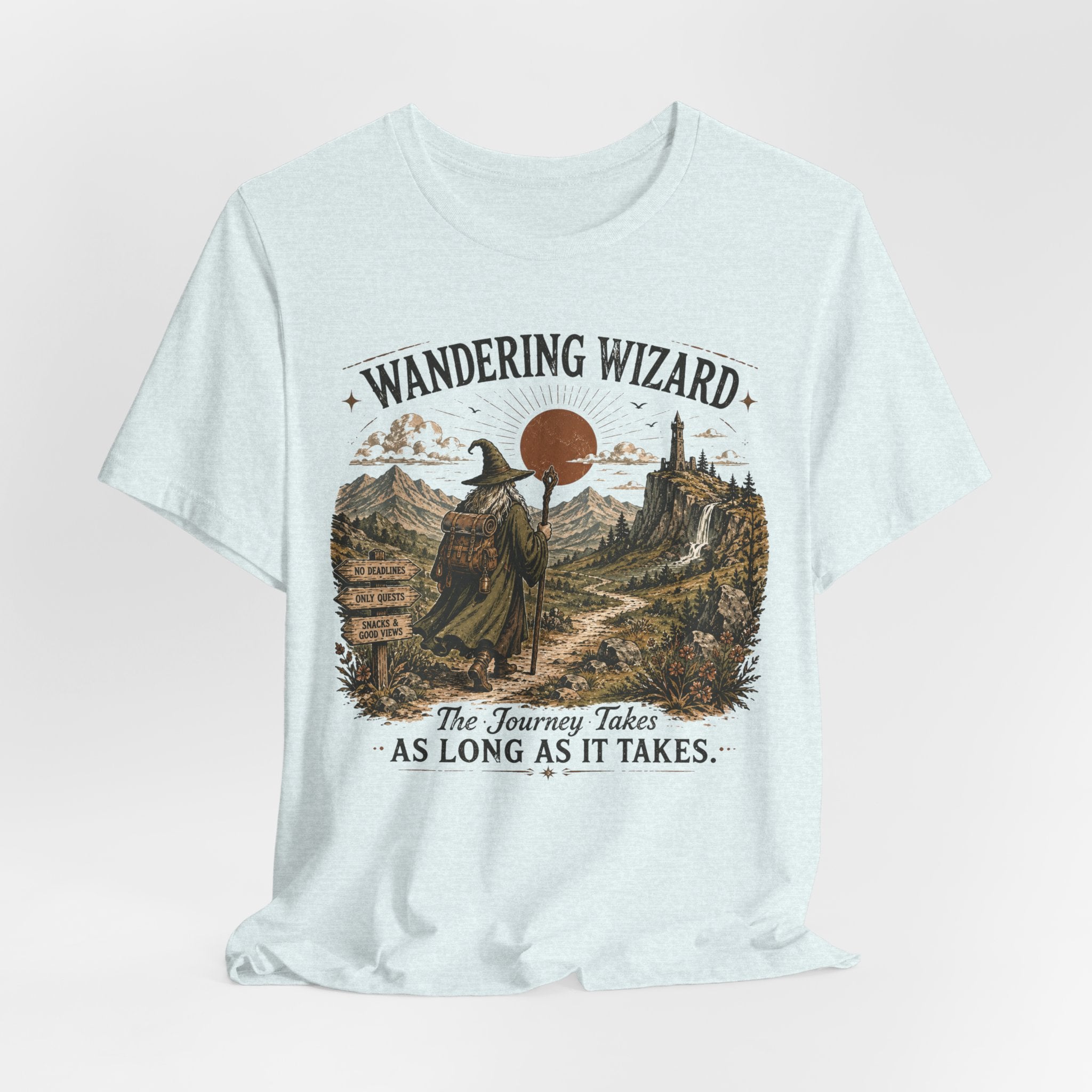 Wandering Wizard Fantasy Hiking T-Shirt in Heather Prism Lilac - fantasy wizard nature graphic tee, Barely Outdoorsy