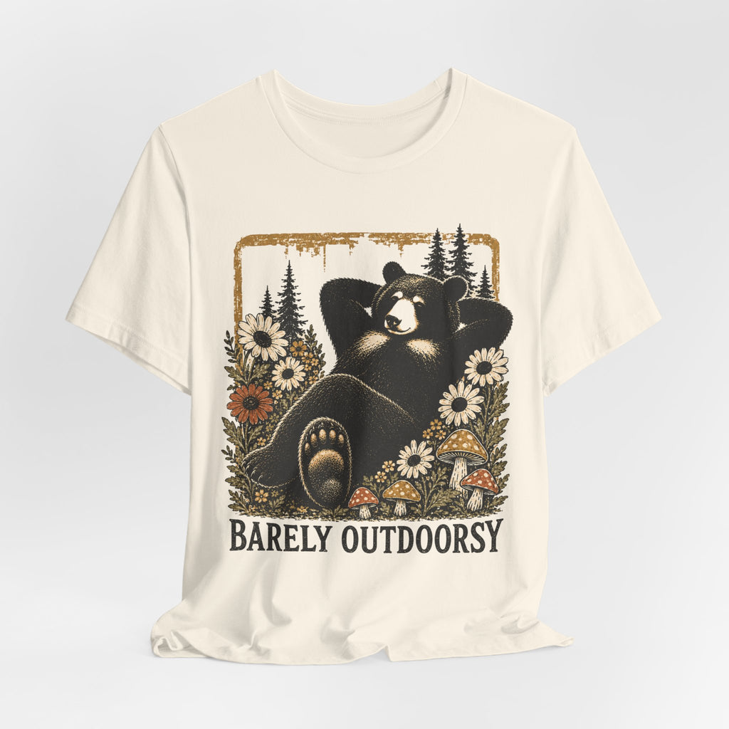 Barely Outdoorsy Lounging Bear T-Shirt in Athletic Heather - funny lazy bear lounging nature graphic tee, Barely Outdoorsy Bella Canvas 3001