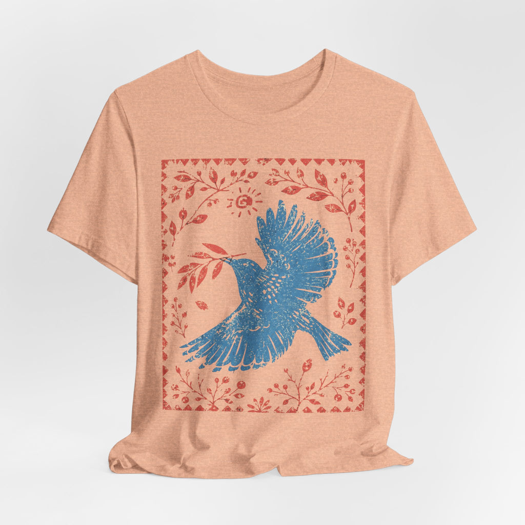Blue Peace Dove Folk Art T-Shirt in Heather Prism Lilac - bold folk art dove graphic tee, Barely Outdoorsy