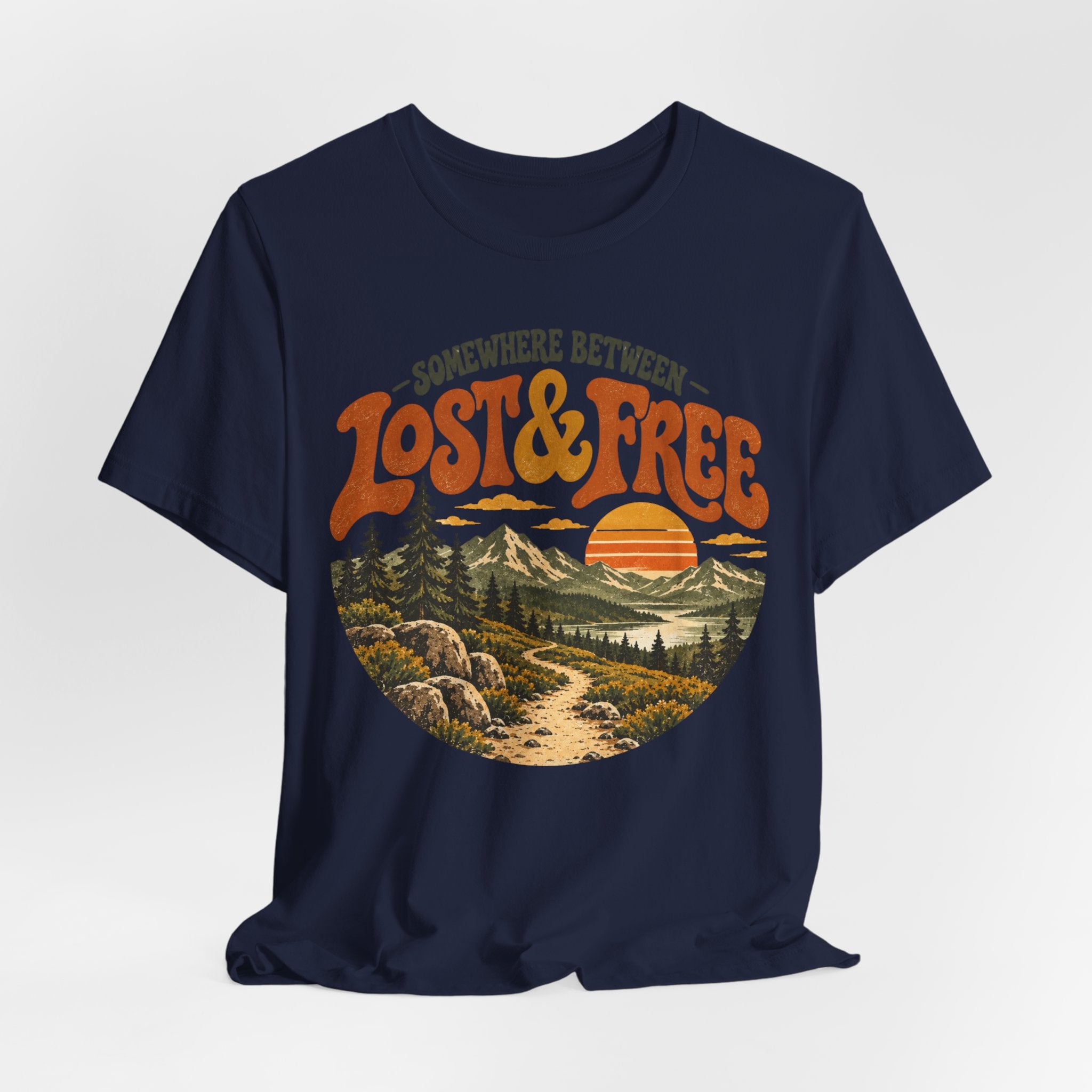 Somewhere Between Lost Free T-Shirt flat lay Athletic Heather - unisex crew neck retro hiking graphic tee, Barely Outdoorsy
