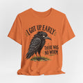 I Got Up Early There Was No Worm T-Shirt in Heather Blue Lagoon - funny raven early bird graphic tee, Barely Outdoorsy