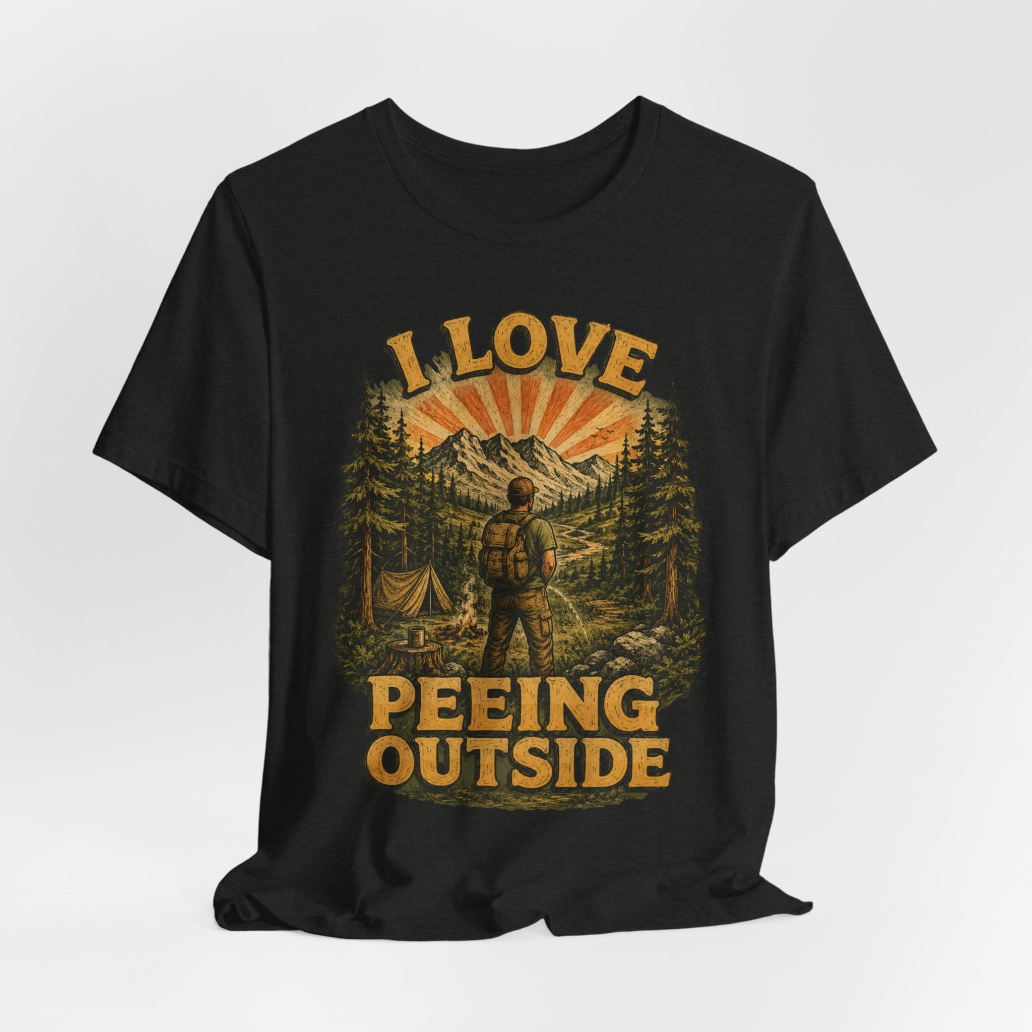 I Love Peeing Outside T-Shirt in Dark Grey Heather - funny camping humor graphic tee, Barely Outdoorsy Bella Canvas