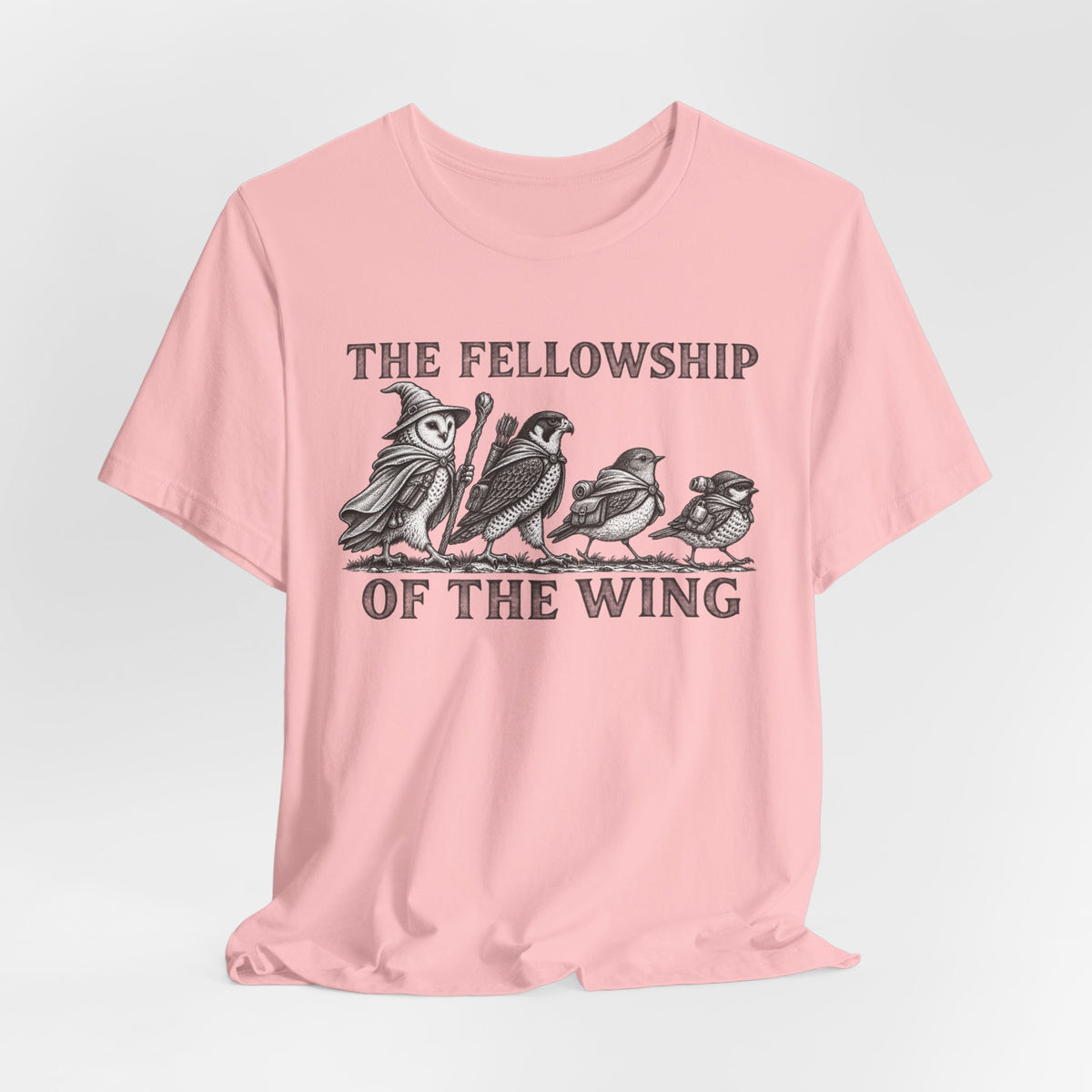 The Fellowship of the Wing Tee in Pink detail - starling flock murmuration close-up graphic, Barely Outdoorsy Bella Canvas