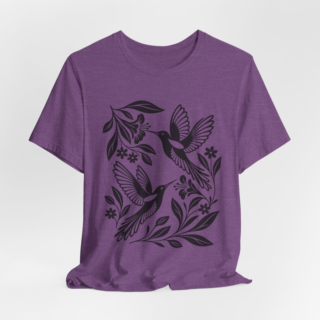 Hummingbird Minimalist Folk Art T-Shirt in Heather Raspberry - minimalist folk art hummingbird birding graphic tee, Barely Outdoorsy
