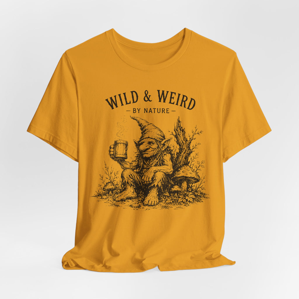 Wild and Weird By Nature Tee flat lay Athletic Heather - unisex crew neck raccoon coffee graphic tee, Barely Outdoorsy