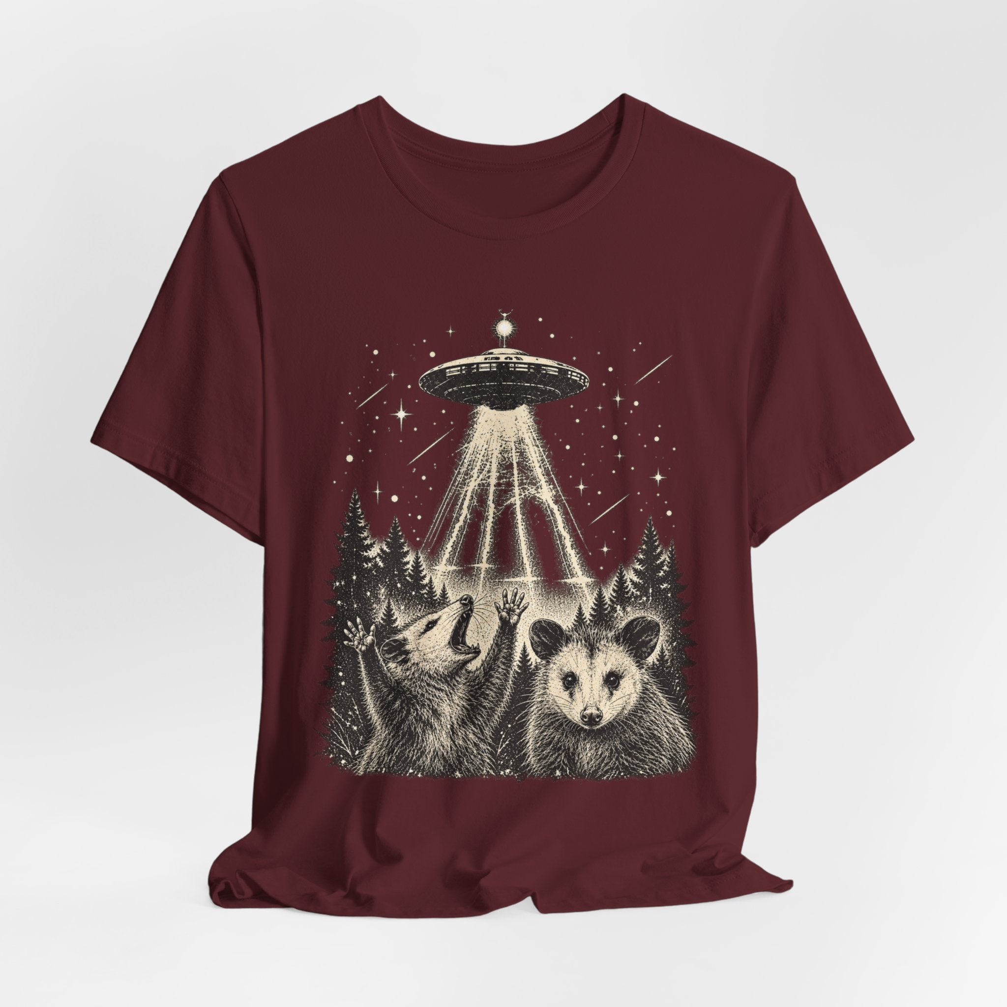 UFO Opossum Abduction Tee flat lay Athletic Heather - unisex crew neck opossum UFO graphic tee, Barely Outdoorsy