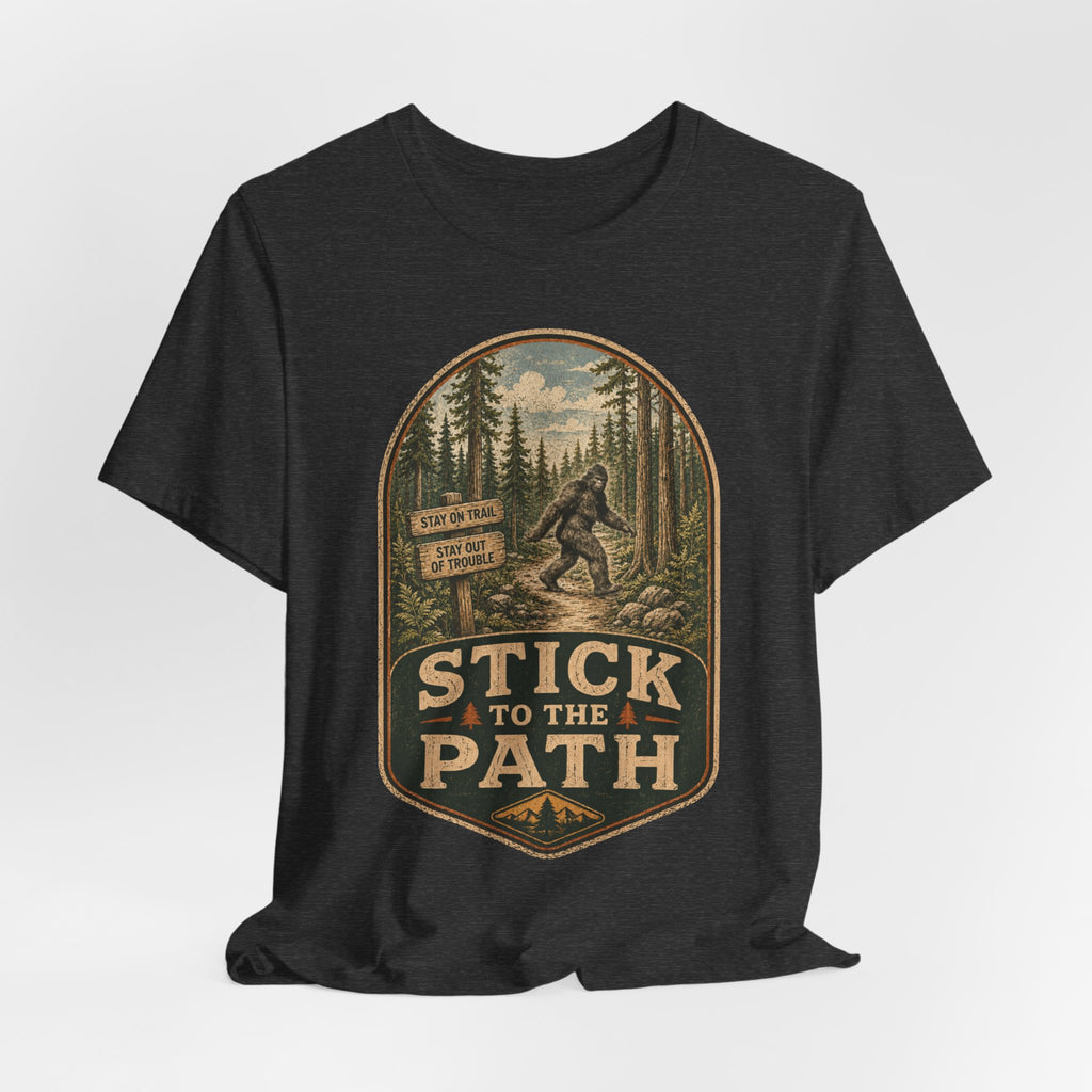 Stick To The Path Bigfoot T-Shirt in Heather True Royal detail - Bigfoot trail path humor close-up graphic, Barely Outdoorsy Bella Canvas