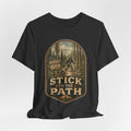 Stick To The Path Bigfoot T-Shirt in Heather True Royal detail - Bigfoot trail path humor close-up graphic, Barely Outdoorsy Bella Canvas