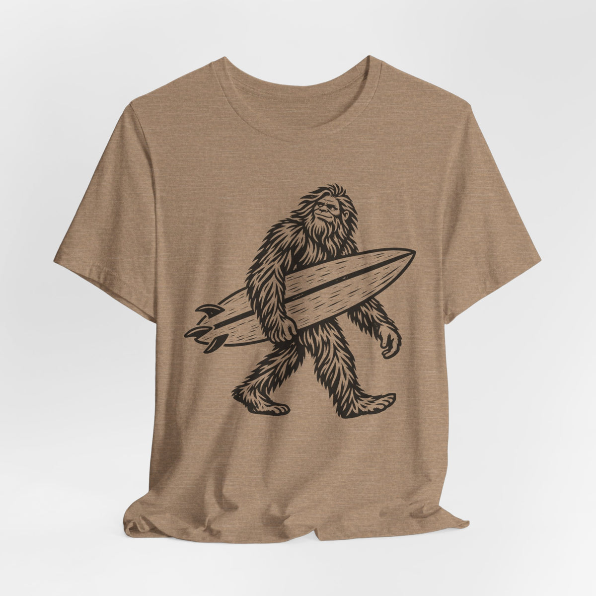 Surfing Bigfoot Tee flat lay Heather Green - unisex crew neck surfing Bigfoot graphic tee, Barely Outdoorsy