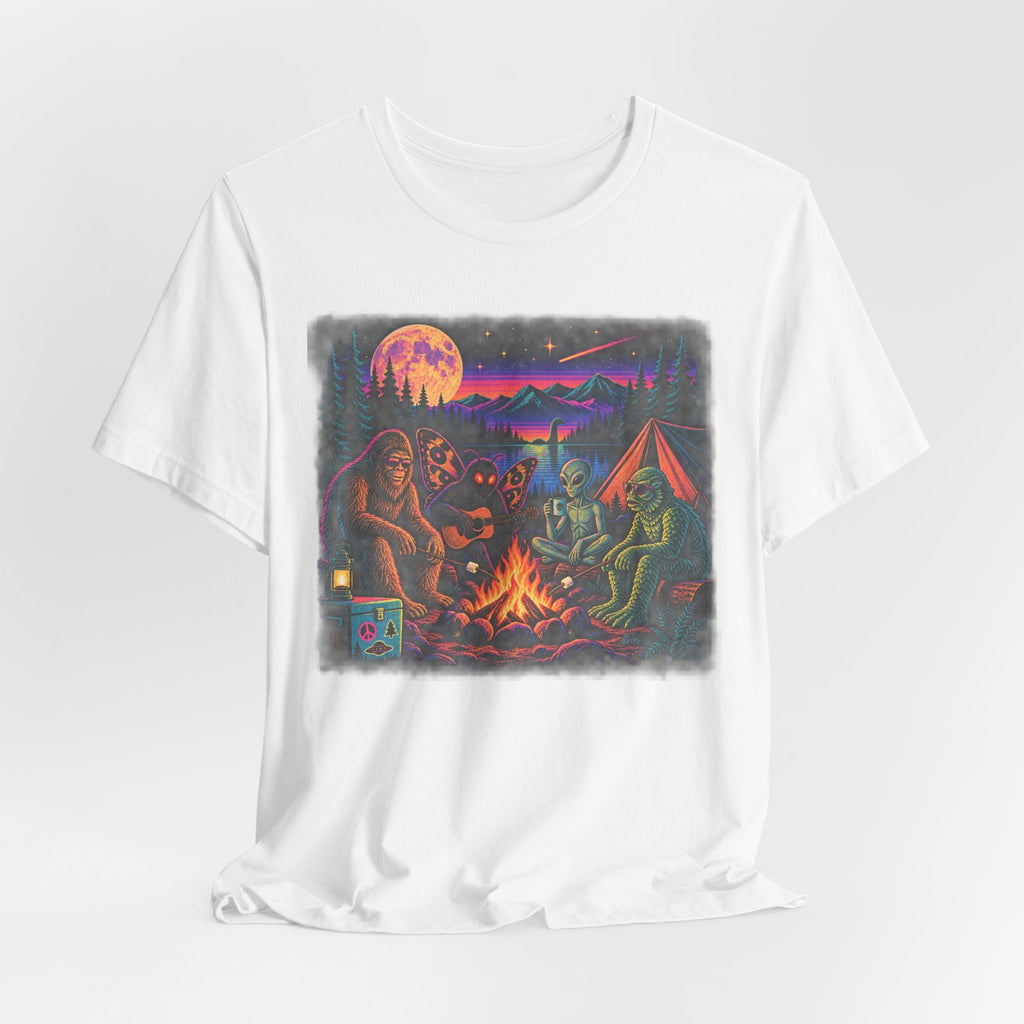Cryptid Campfire Hangout T-Shirt in Black Heather - funny cryptid campfire graphic tee, Barely Outdoorsy
