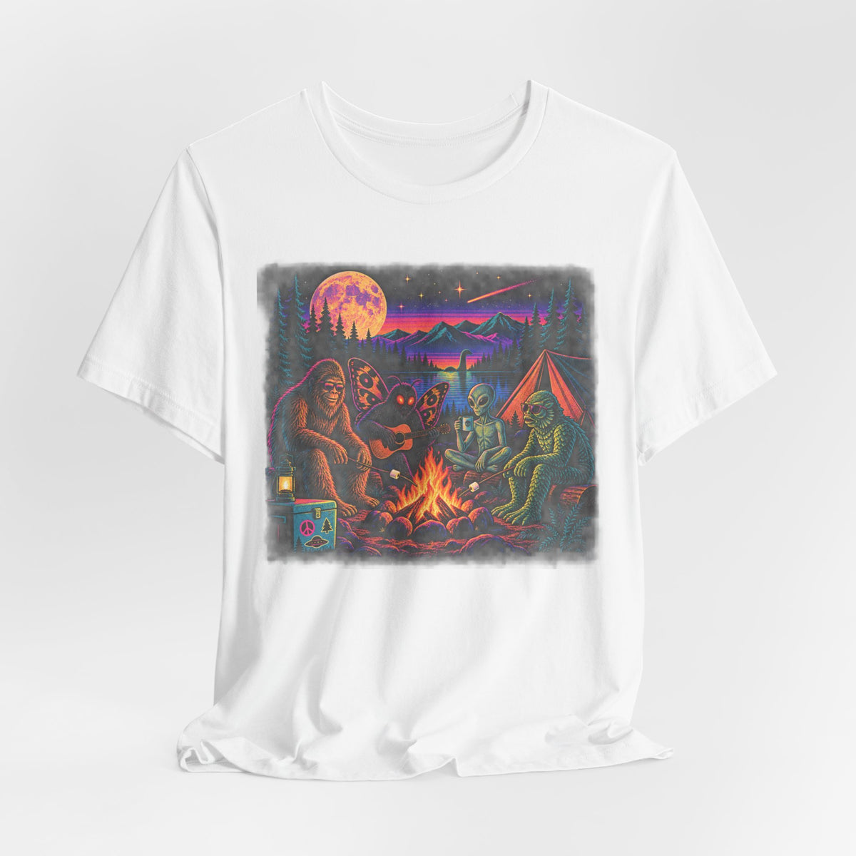 Cryptid Campfire Hangout T-Shirt in Black Heather - funny cryptid campfire graphic tee, Barely Outdoorsy