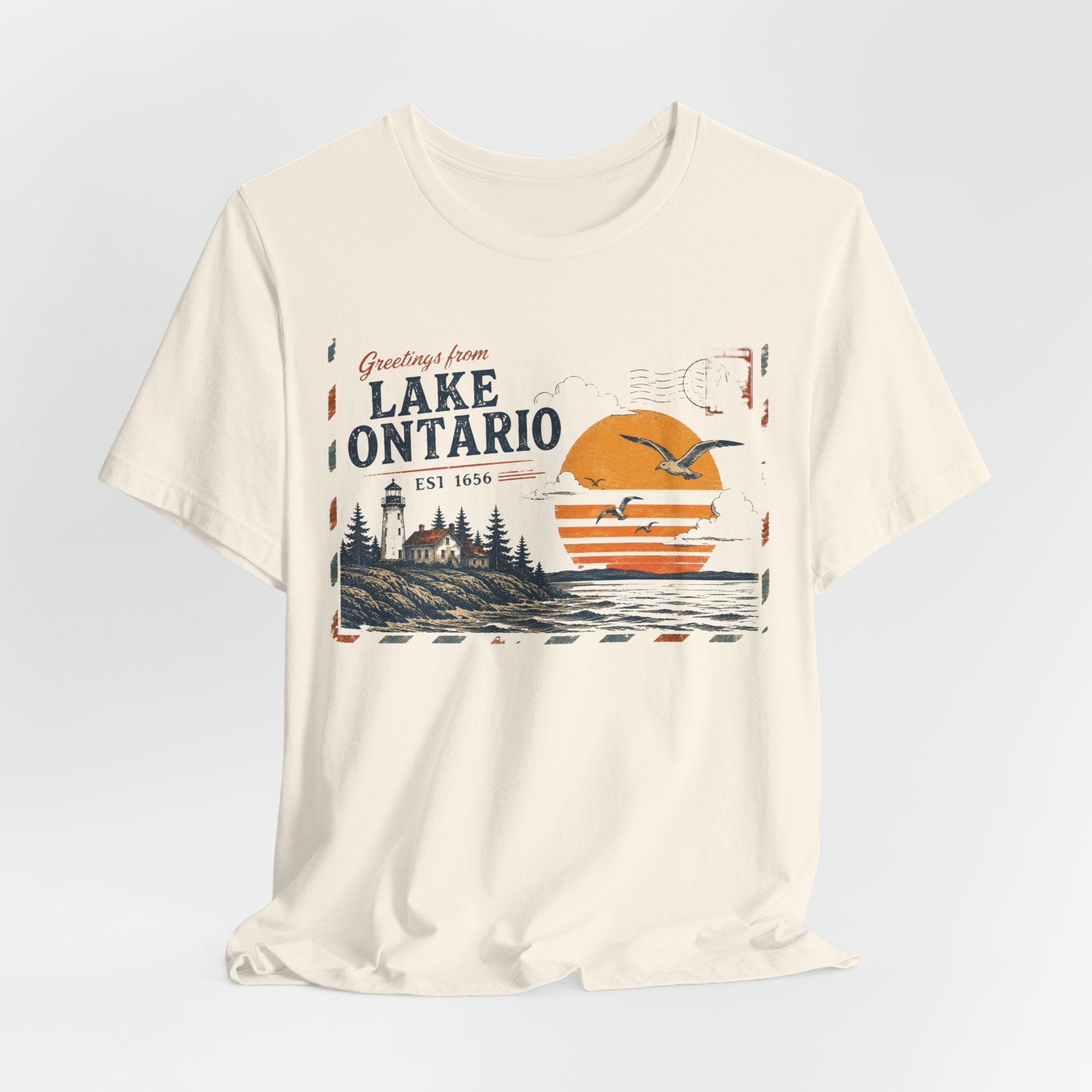 Lake Ontario Vintage Postcard T-Shirt in Heather Peach - vintage Great Lakes postcard graphic tee, Barely Outdoorsy Bella Canvas
