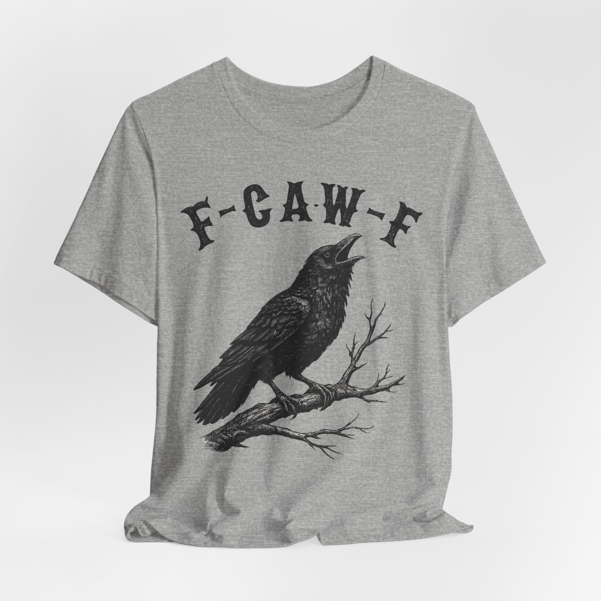 F-CAW-F Funny Crow T-Shirt in Athletic Heather - gothic blackletter crow humor graphic tee, Barely Outdoorsy Bella Canvas 3001