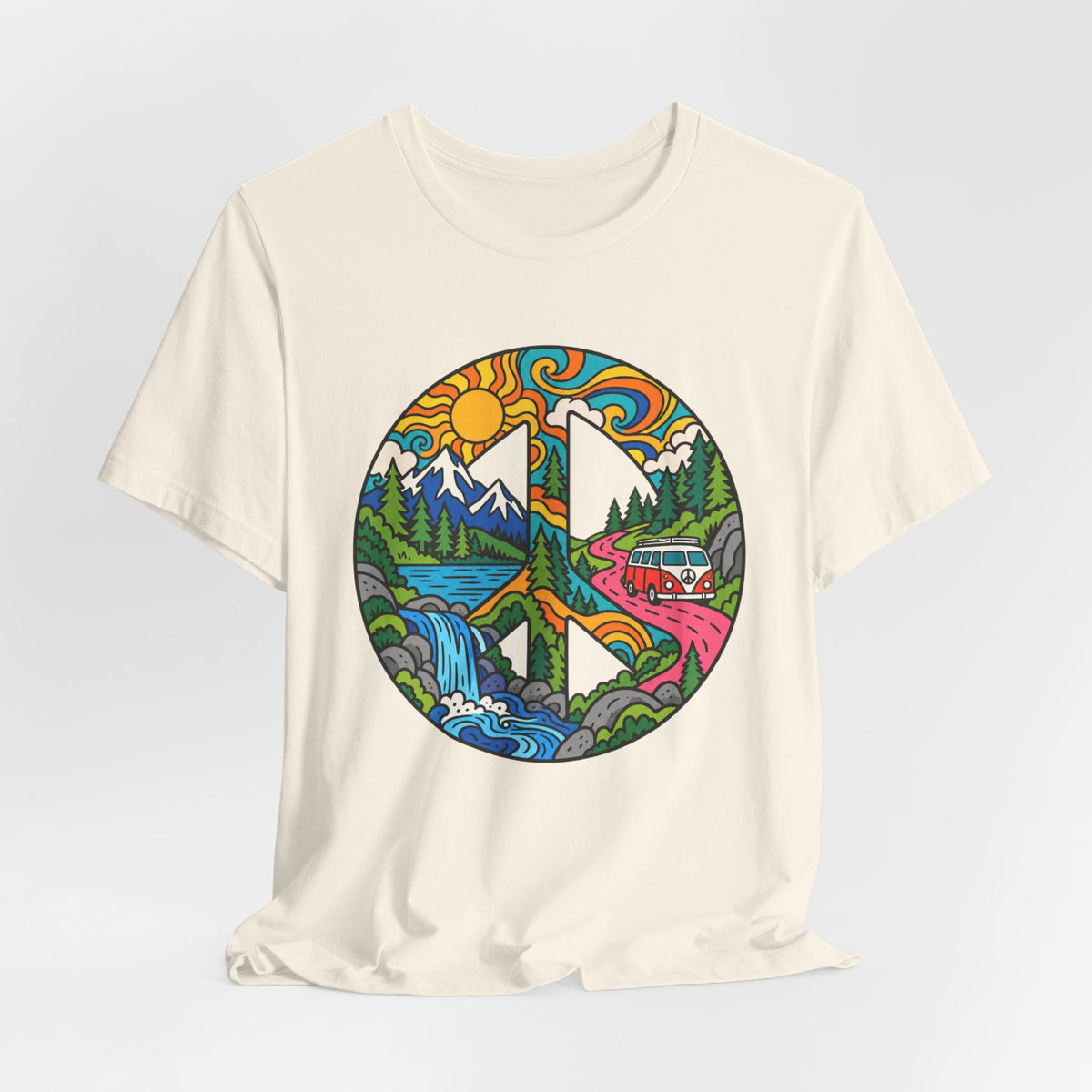 Peace Sign Mountain Van Tee in White - retro mountain van peace sign shirt, Barely Outdoorsy Bella Canvas 3001