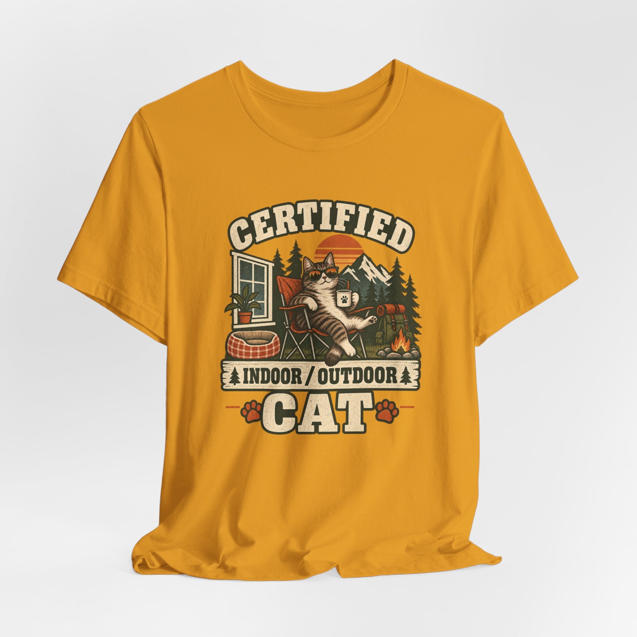Certified Indoor Outdoor Cat T-Shirt in White - funny indoor outdoor cat graphic tee, Barely Outdoorsy Bella Canvas