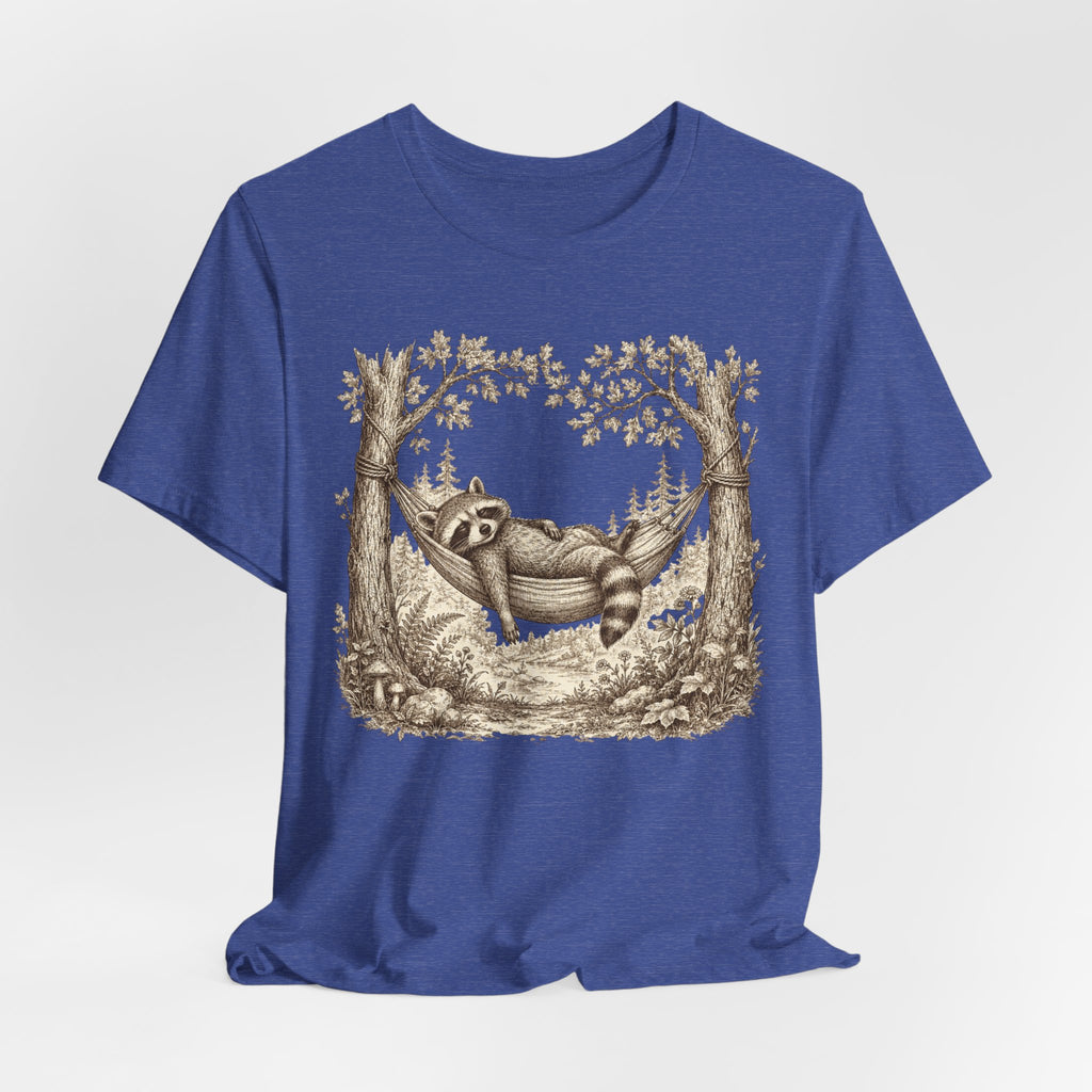 Raccoon Hammock T-Shirt in Heather Peach - vintage toile raccoon resting cottagecore graphic tee, Barely Outdoorsy