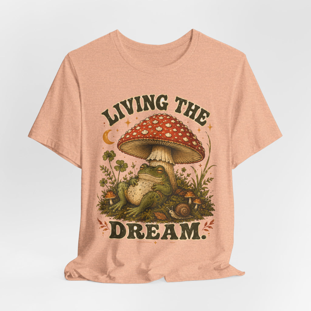 Living The Dream Frog T-Shirt in Heather Peach - funny relaxed frog graphic tee, Bella Canvas 3001