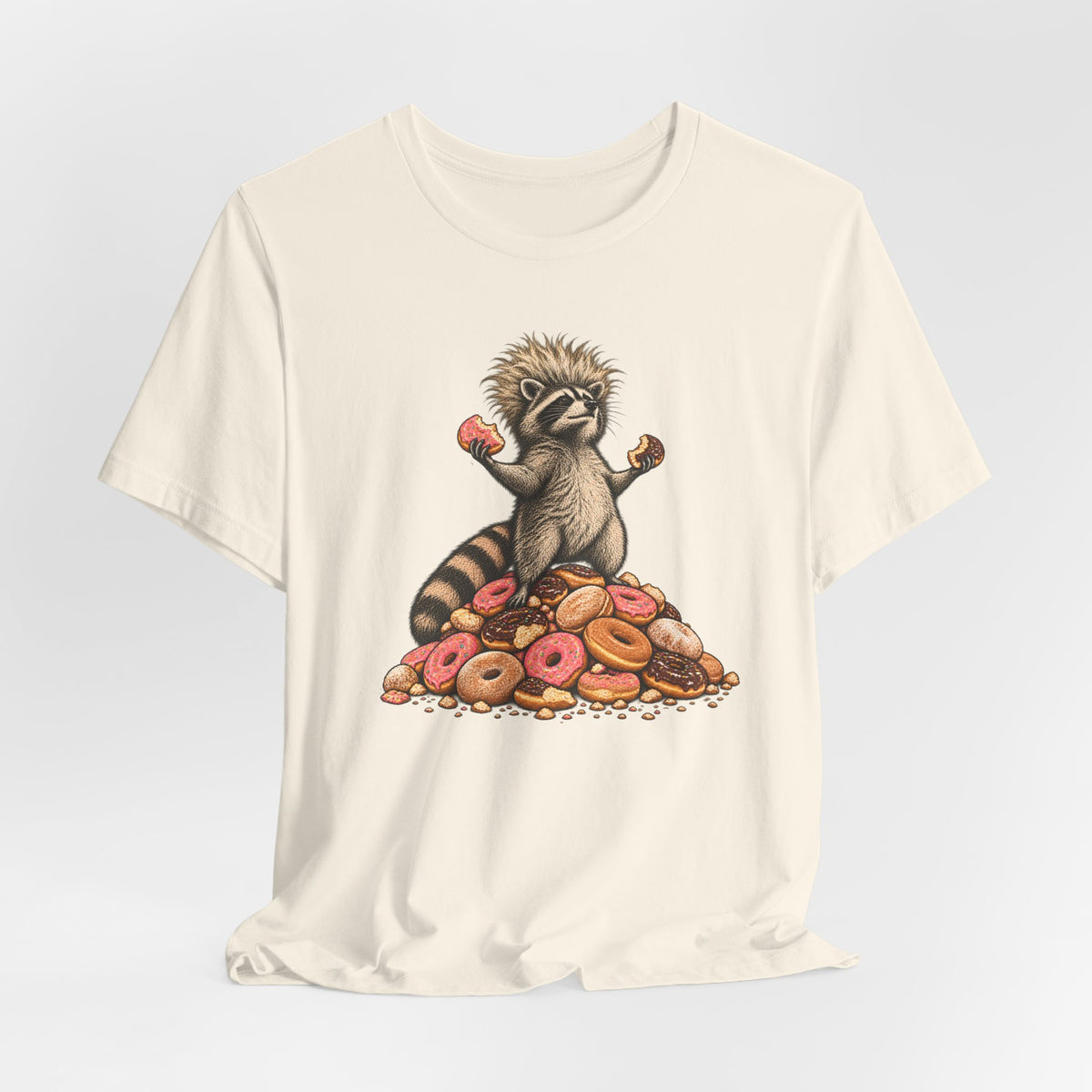 Donut King Raccoon T-Shirt in Heather Stone - funny goblincore donut king raccoon humor graphic tee, Barely Outdoorsy