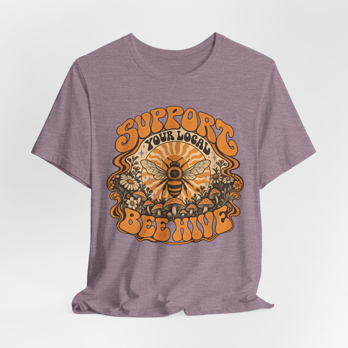Support Your Local Bee Hive Tee in White - bee hive wildflower sunburst shirt, Barely Outdoorsy Bella Canvas 3001