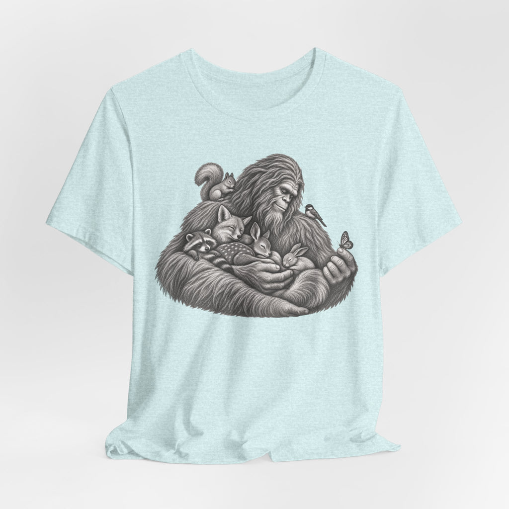 Guardian of the Forest Bigfoot T-Shirt in Black Heather - painterly Bigfoot guardian graphic tee, Barely Outdoorsy
