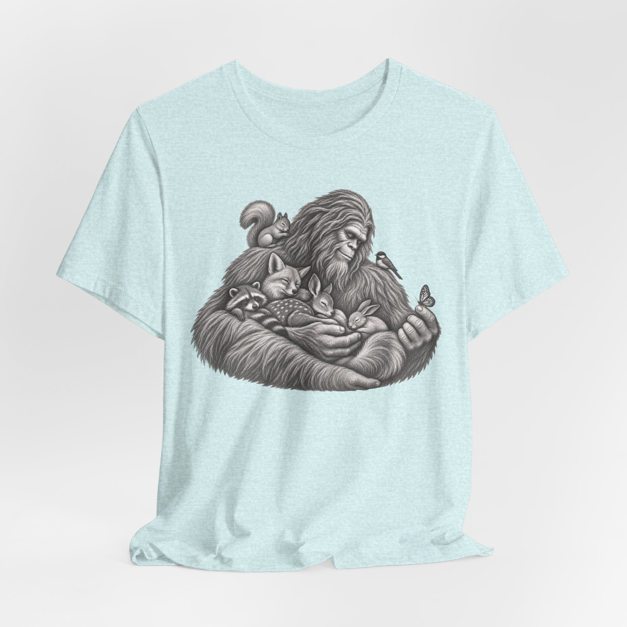 Guardian of the Forest Bigfoot T-Shirt in Black Heather - painterly Bigfoot guardian graphic tee, Barely Outdoorsy