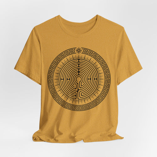 Journey Labyrinth Tee in Pebble Brown - spiral maze sunburst border graphic shirt, Barely Outdoorsy Bella Canvas