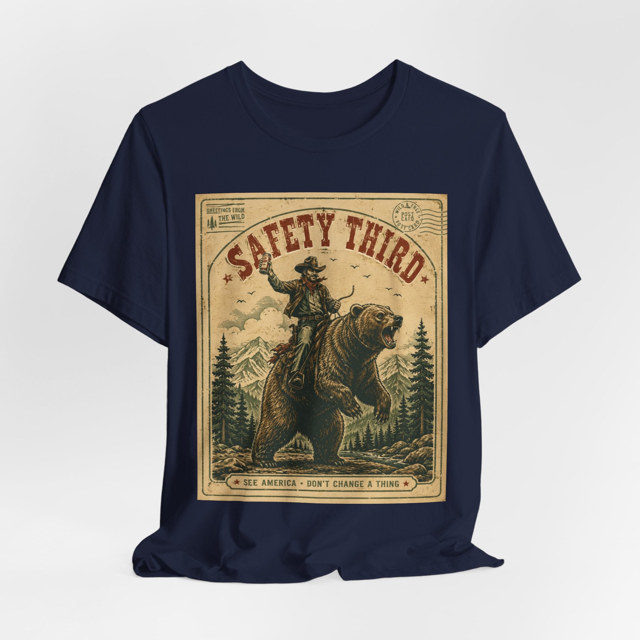 Safety Third Funny Bear Riding Cowboy T-Shirt