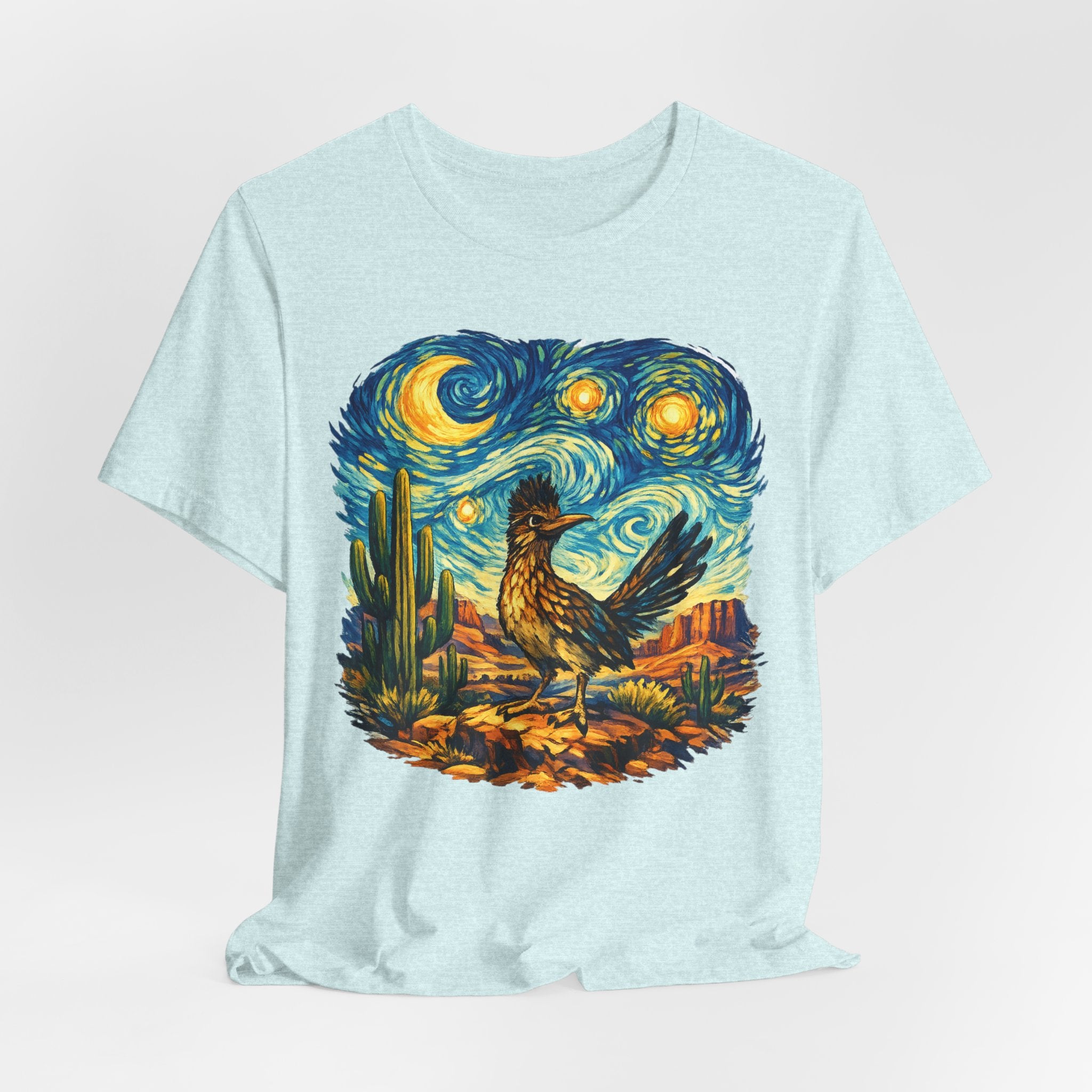 Starry Night Roadrunner T-Shirt in White - Van Gogh desert roadrunner starry night graphic tee, Barely Outdoorsy