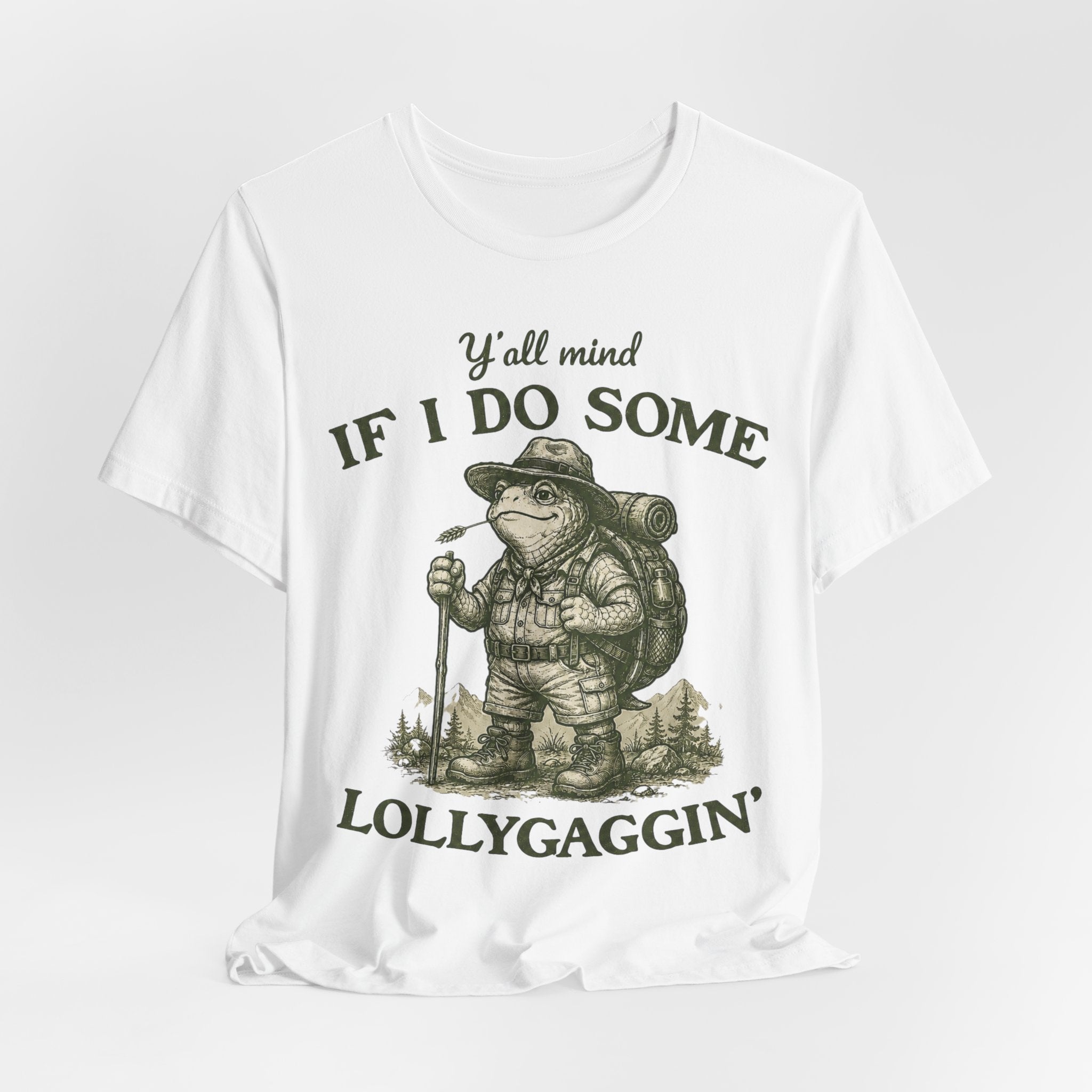Lollygaggin' Tortoise Tee in Heather True Royal detail - funny tortoise hiking close-up graphic, Barely Outdoorsy