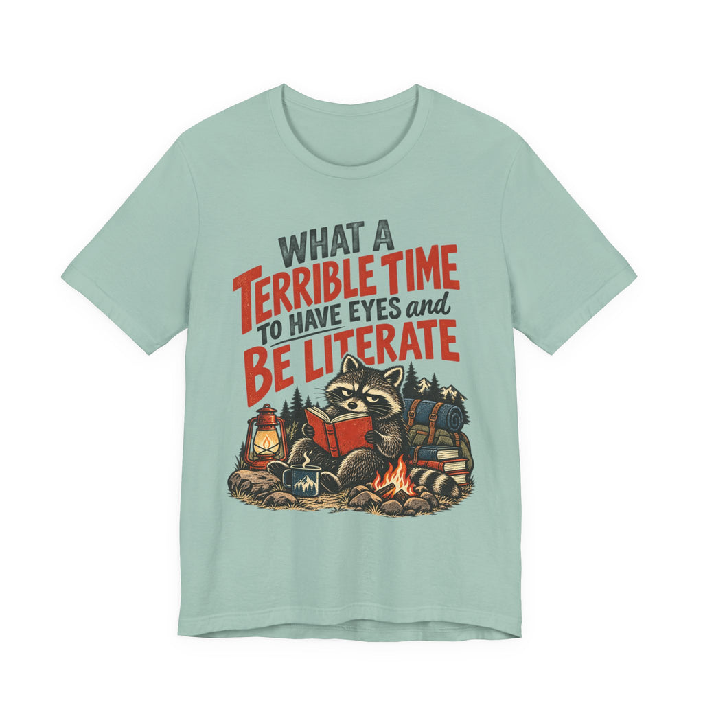 Terrible Time to Be Literate Camping Raccoon T-Shirt in Heather Prism Mint - funny raccoon camping literate graphic tee, Barely Outdoorsy