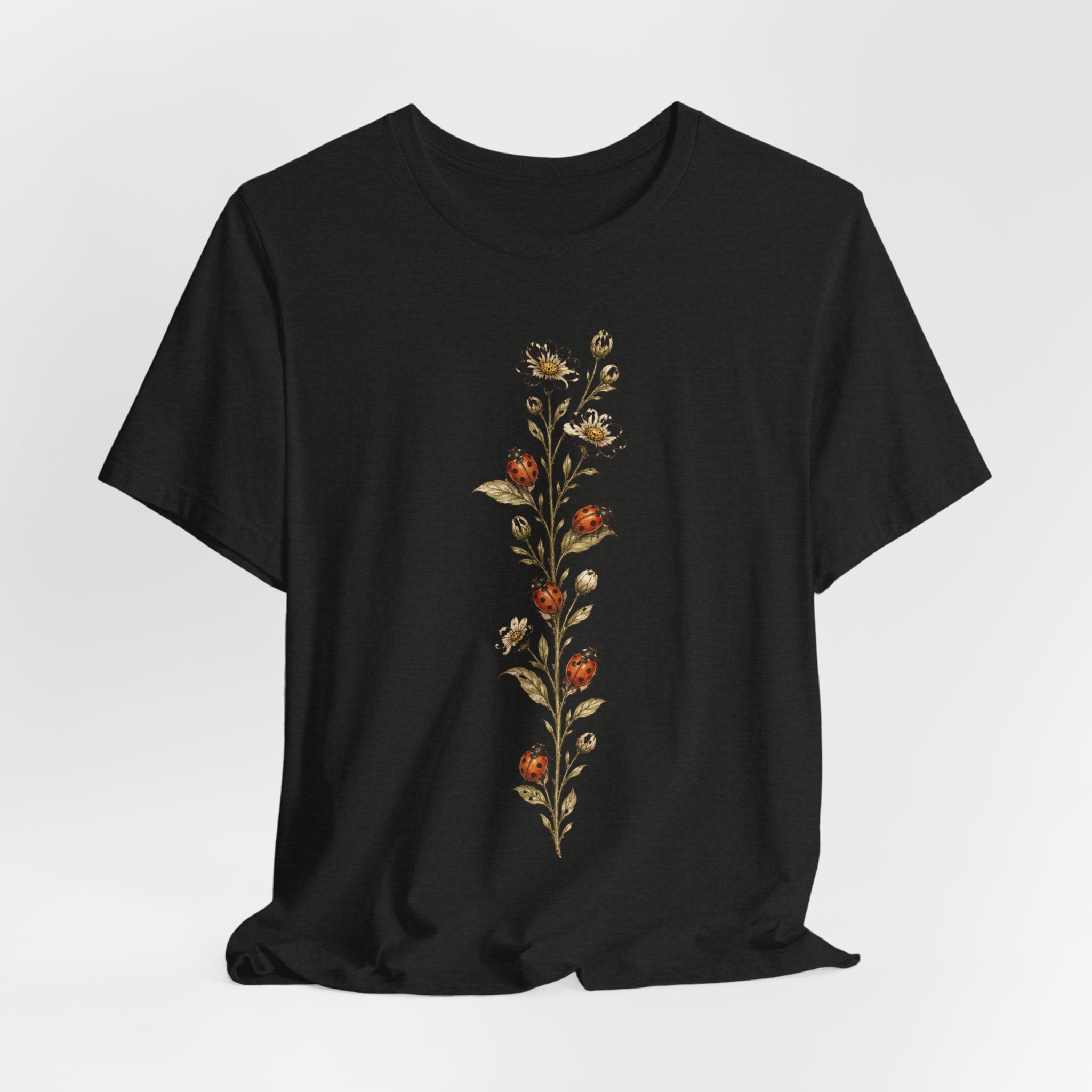 Ladybug Daisy Vine Botanical Tee in Brown - vintage naturalist ladybug daisy vine shirt, Barely Outdoorsy Bella Canvas