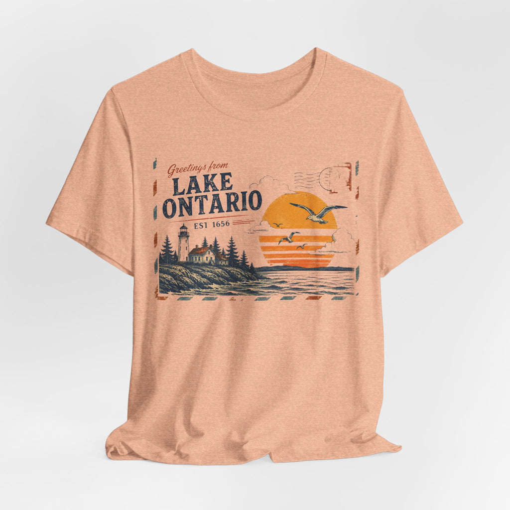Lake Ontario Vintage Postcard Tee in Heather True Royal - retro Lake Ontario postcard shirt, Barely Outdoorsy