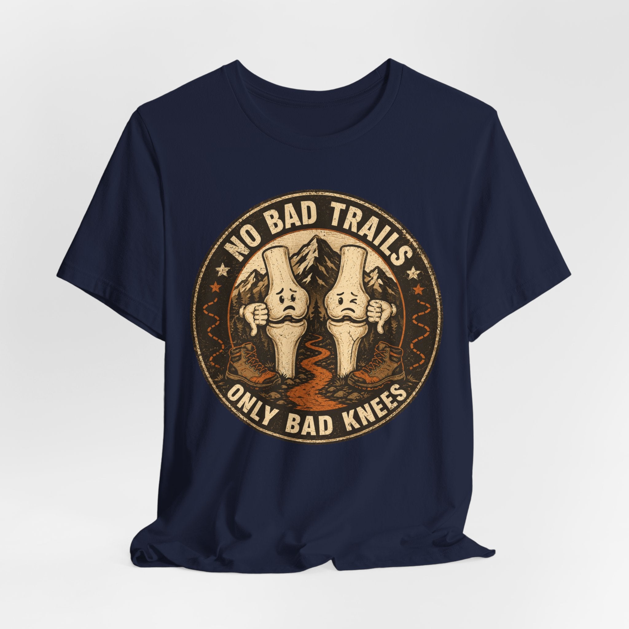 No Bad Trails Only Bad Knees hiking knee pain t-shirt funny graphic tee BarelyOutdoorsy