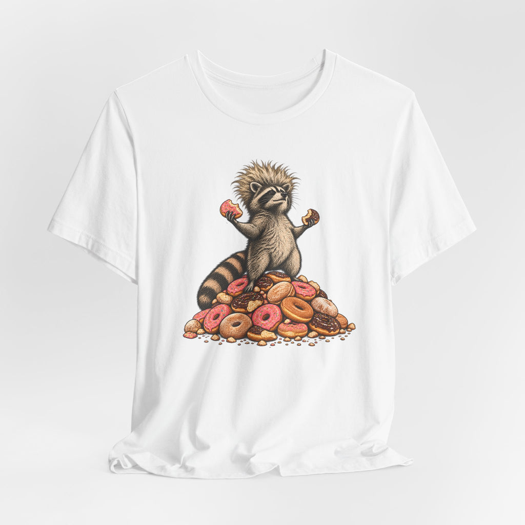 Donut King Raccoon T-Shirt in Heather Green - funny goblincore donut king raccoon humor graphic tee, Barely Outdoorsy Bella Canvas 3001