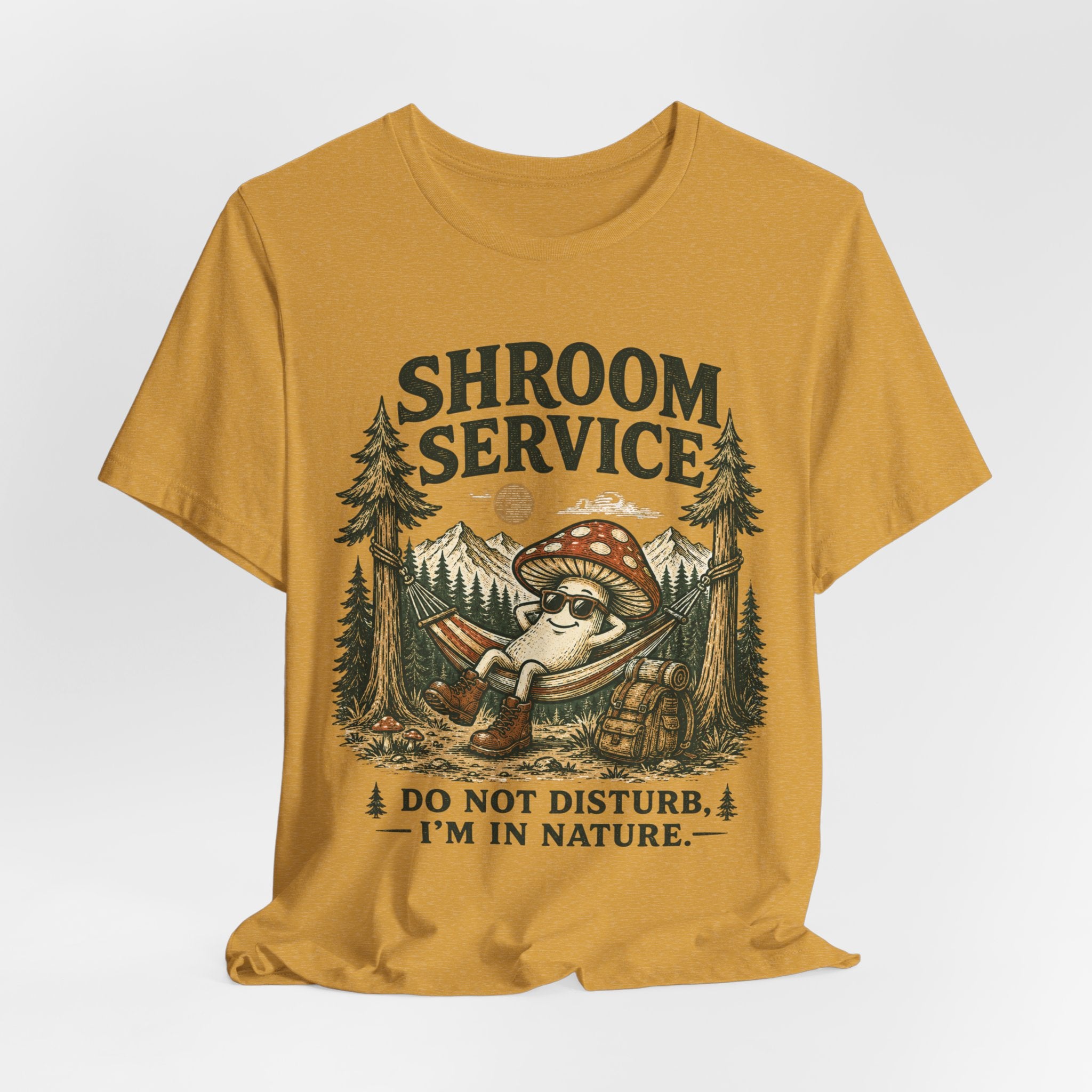 Shroom Service Tee in Heather Raspberry - funny mushroom hammock mountains humor shirt, Barely Outdoorsy