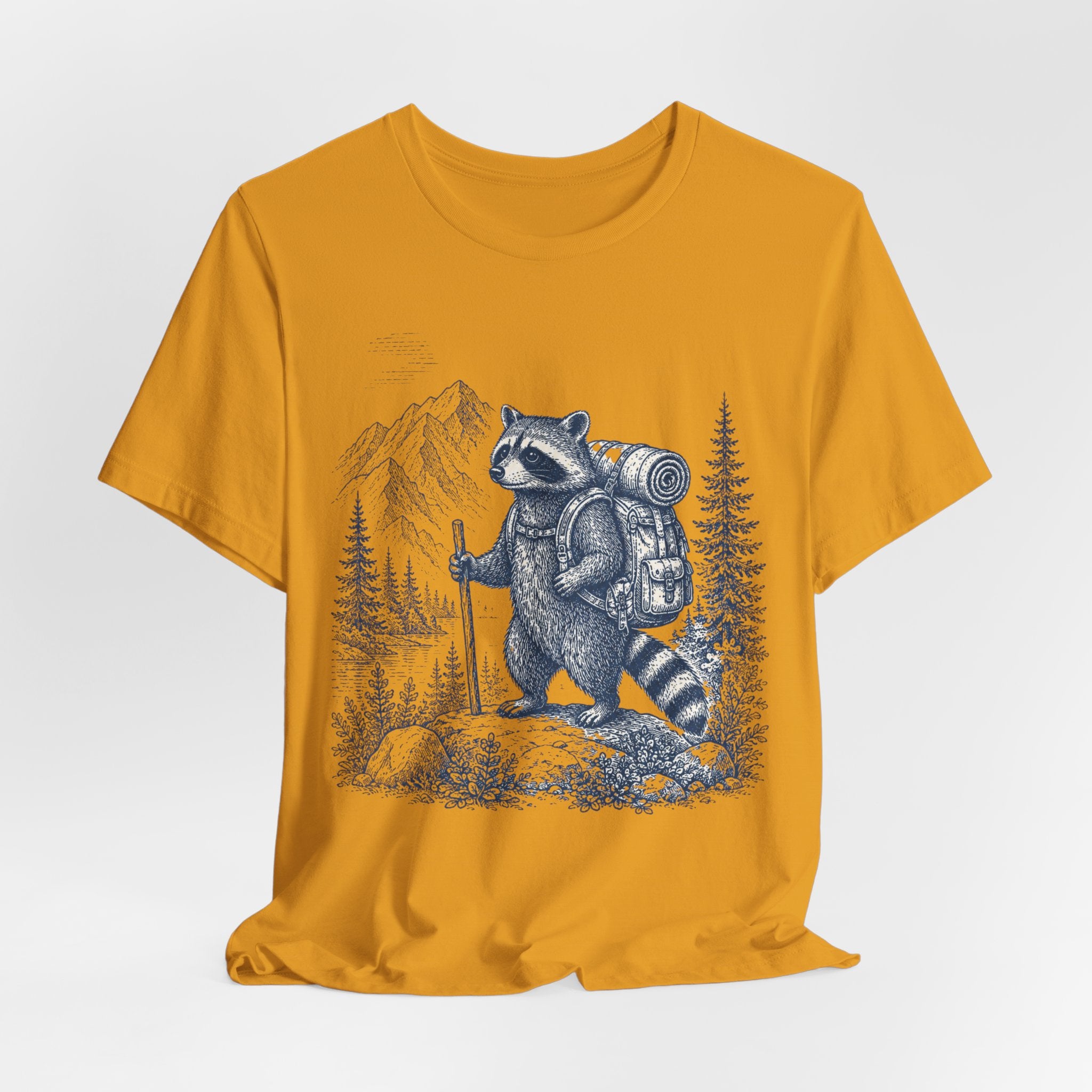 Backpacking Raccoon Hiking T-Shirt in White worn shot - funny raccoon backpacking nature shirt, Barely Outdoorsy
