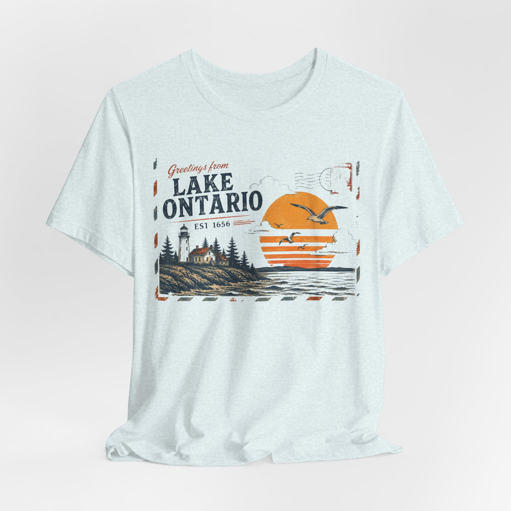 Lake Ontario Vintage Postcard T-Shirt in Heather Peach worn shot - retro Great Lakes postcard shirt, Barely Outdoorsy