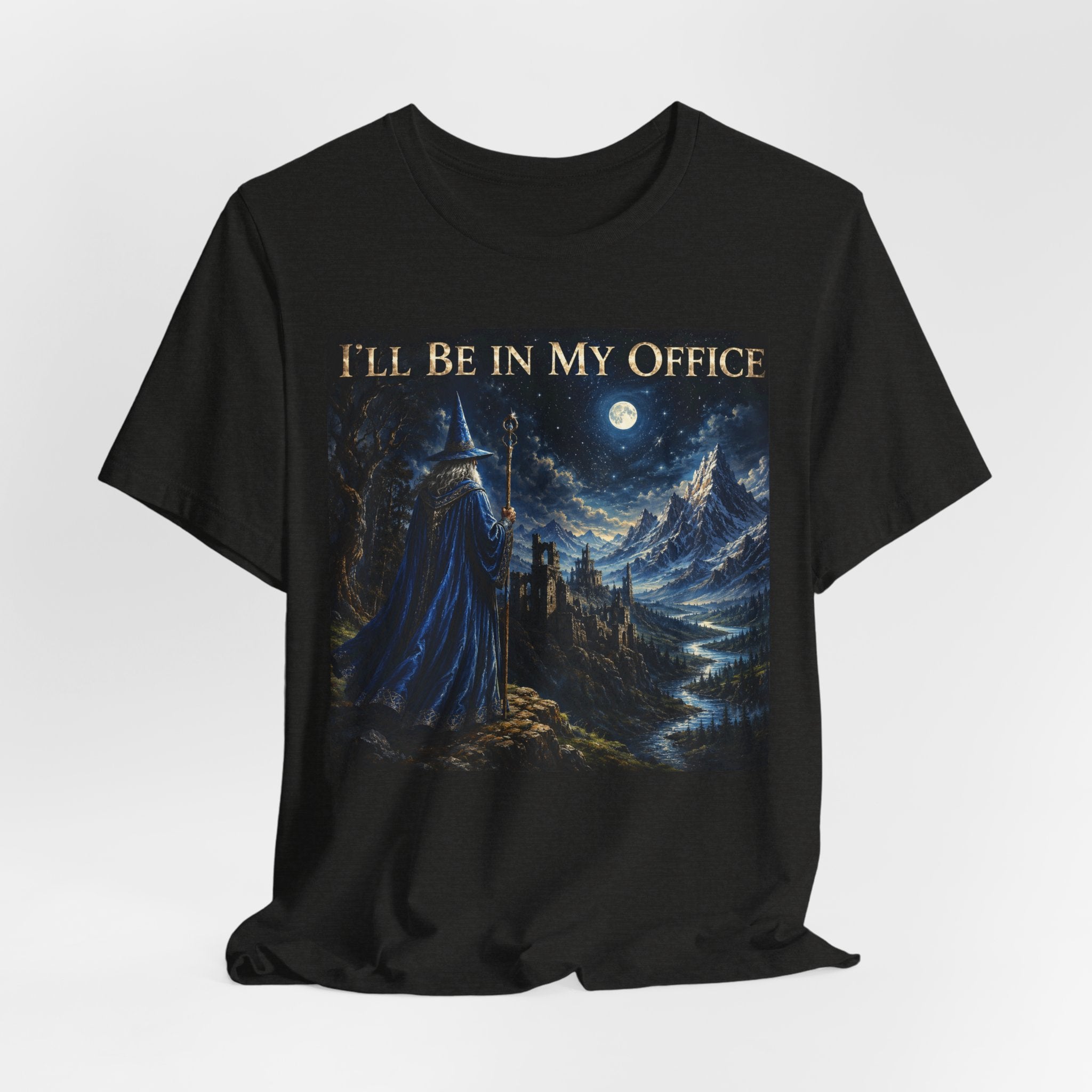 I'll Be In My Office Wizard T-Shirt in Dark Grey Heather - painterly fantasy wizard moonlit cliff graphic tee, Barely Outdoorsy Bella Canvas 3001