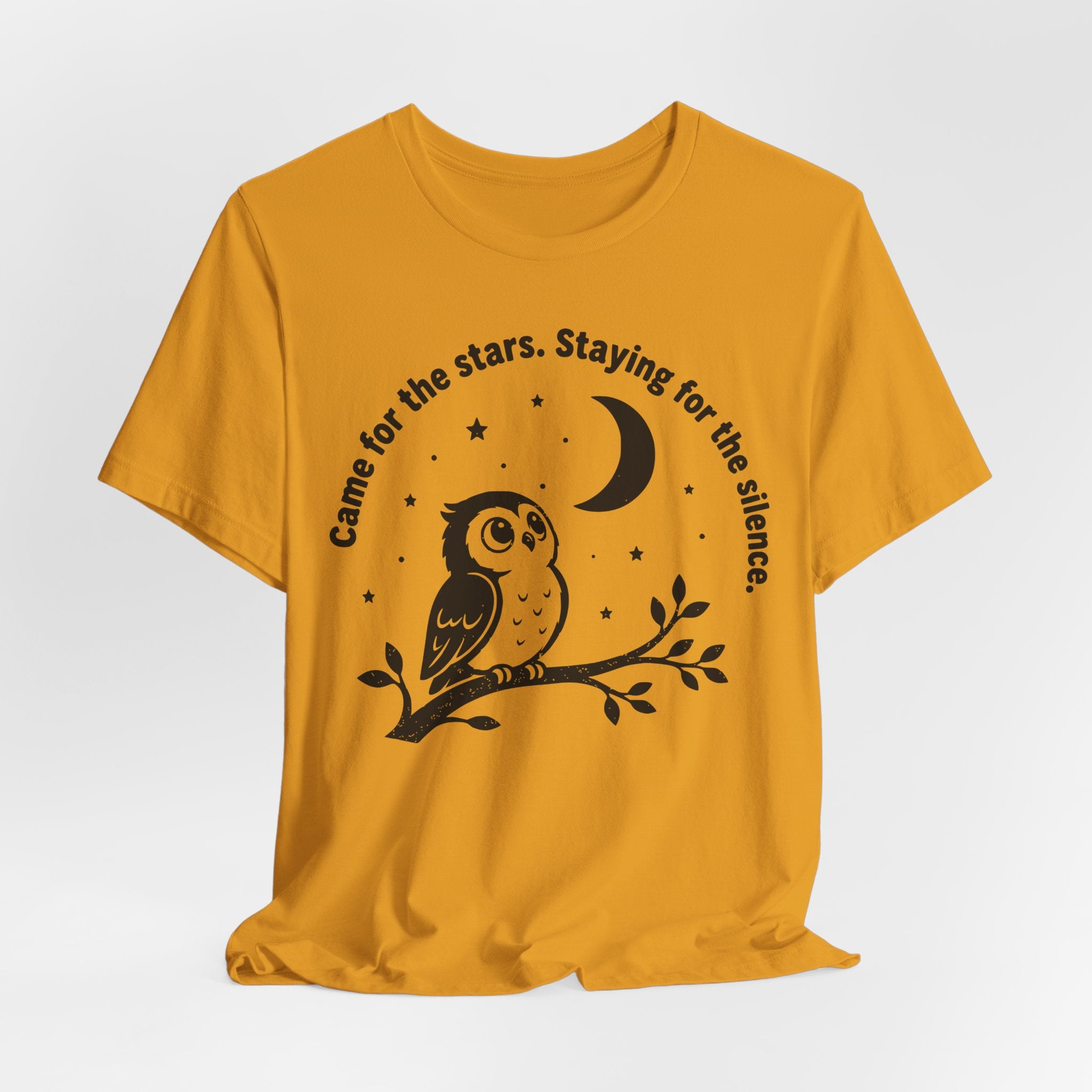 Came For The Stars Staying For The Silence Tee flat lay Athletic Heather - unisex crew neck owl night graphic tee, Barely Outdoorsy