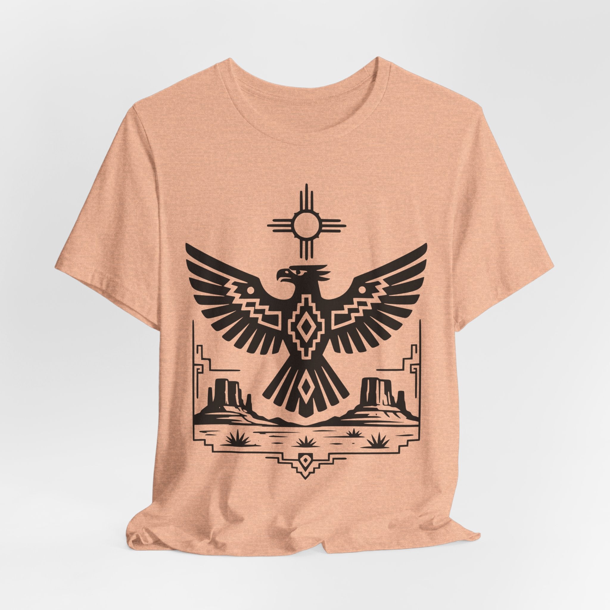 Thunderbird Zia Sun Desert T-Shirt in Athletic Heather - bold Southwest Thunderbird Zia graphic tee, Barely Outdoorsy Bella Canvas 3001