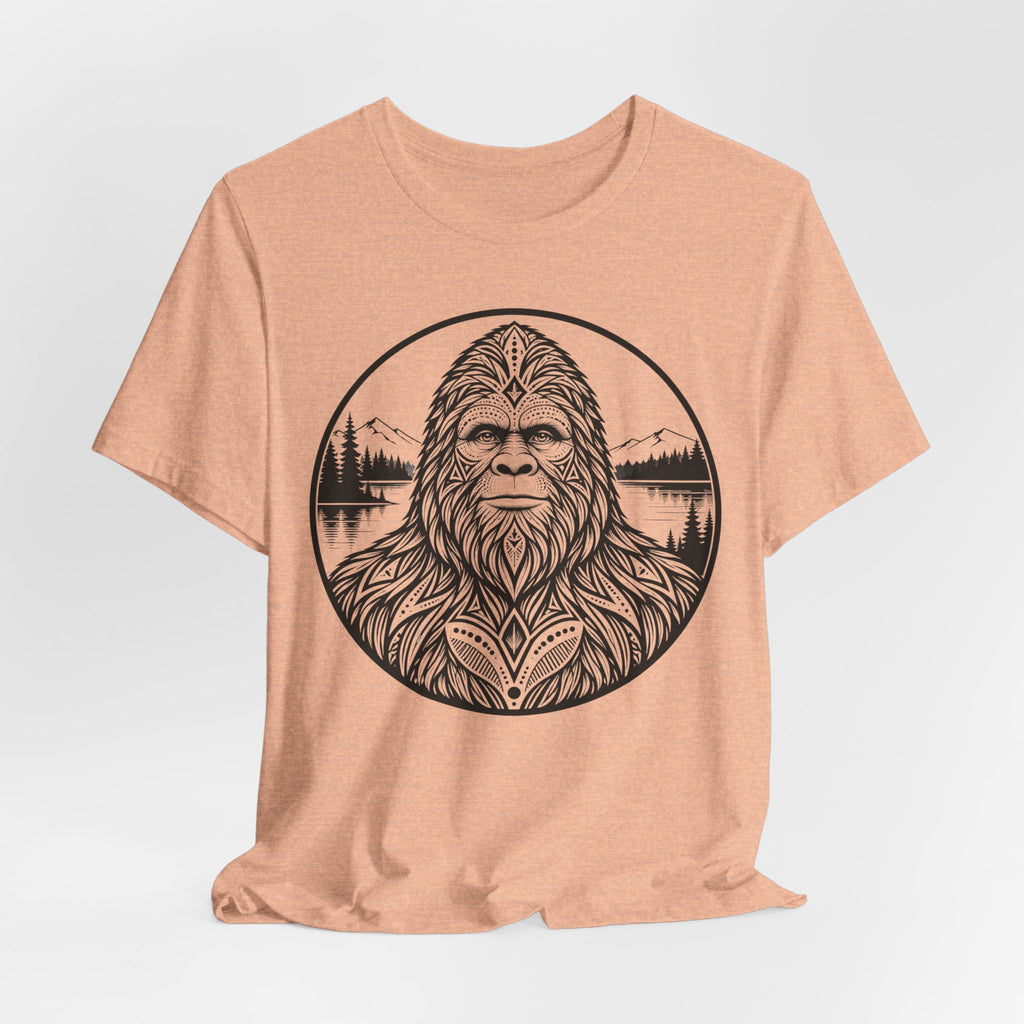 Bigfoot Sacred Geometry Portrait Tee in Heather Peach - boho Bigfoot mandala geometric shirt, Barely Outdoorsy Bella Canvas 3001