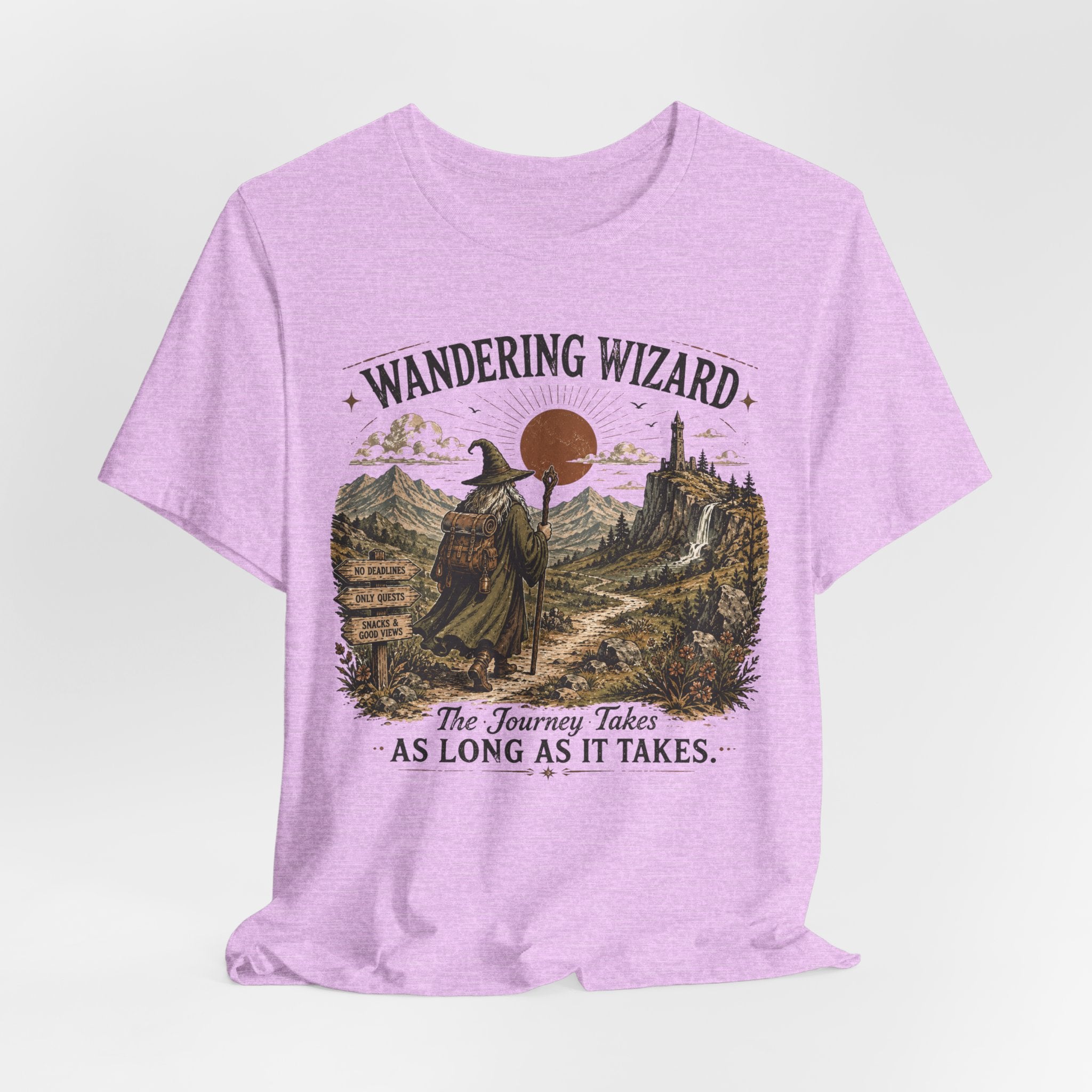 Wandering Wizard Hiking Tee flat lay Athletic Heather - unisex crew neck wizard hiking graphic tee, Barely Outdoorsy
