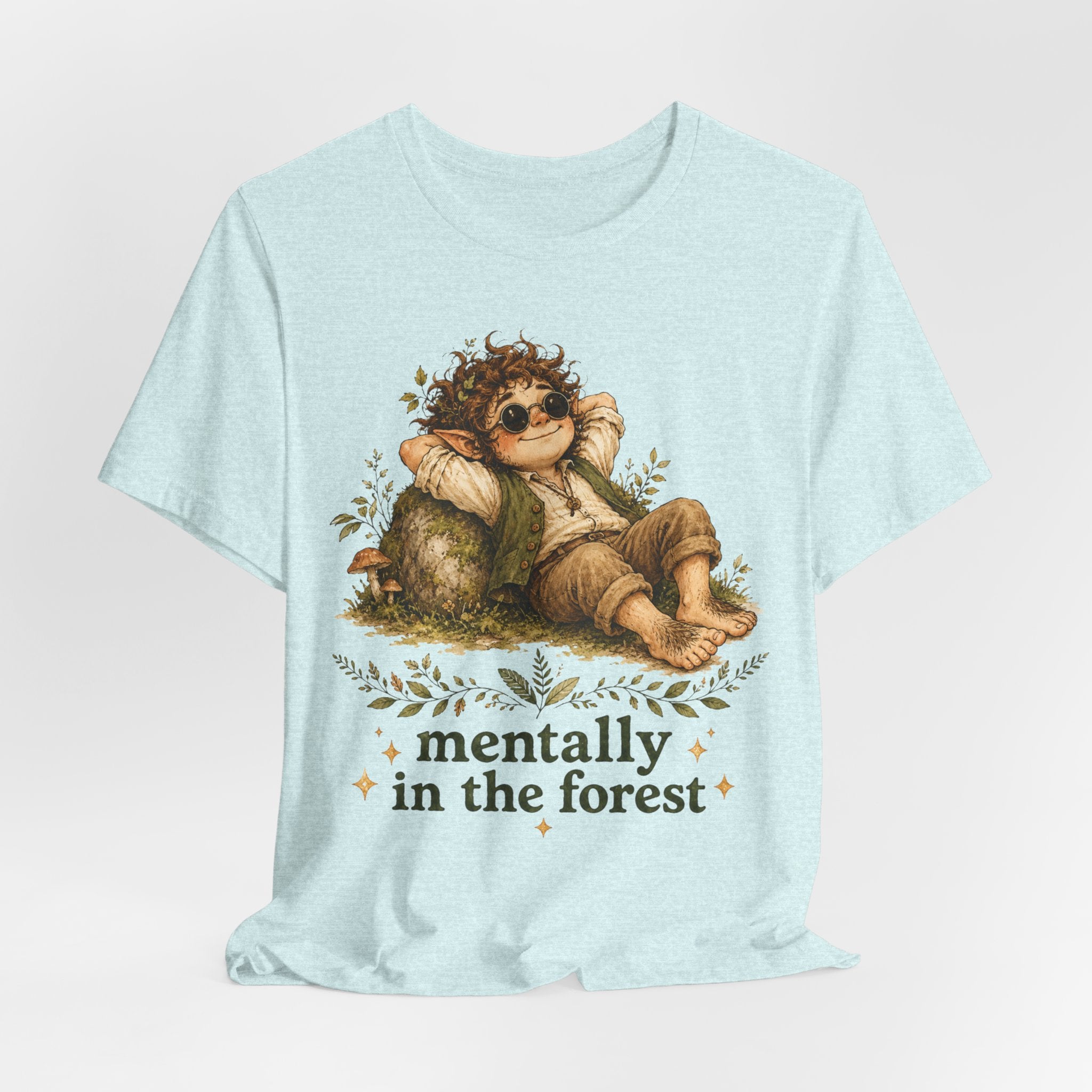 Mentally In The Forest T-Shirt in Athletic Heather - watercolor forest folk character ferns mushroom graphic tee, Barely Outdoorsy Bella Canvas 3001