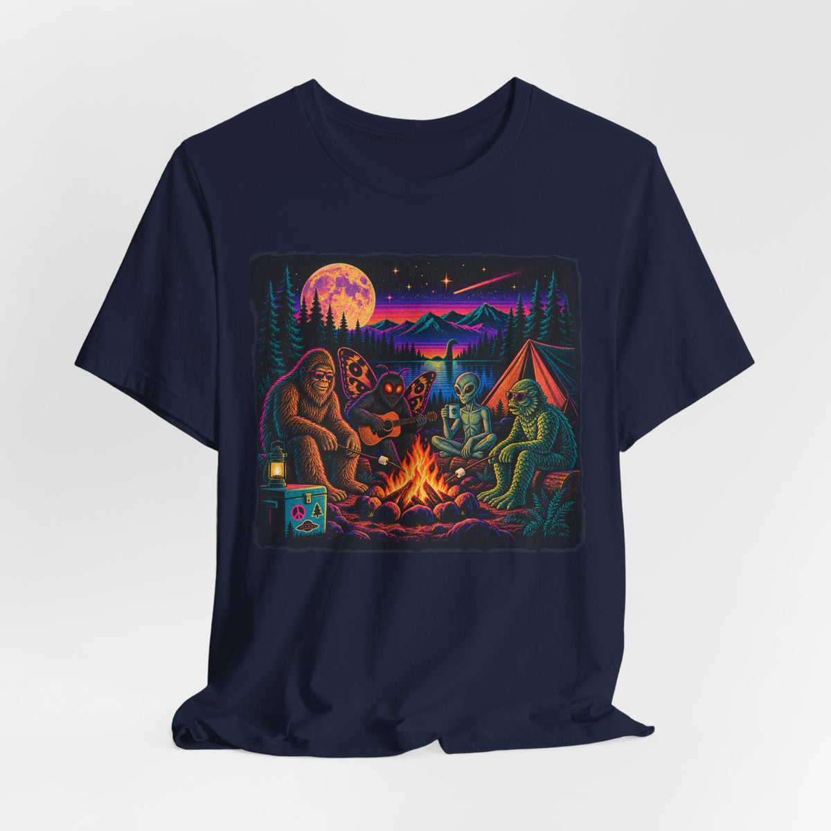 Cryptid Campfire Hangout T-Shirt in Navy - funny cryptid campfire hangout graphic tee, Barely Outdoorsy Bella Canvas