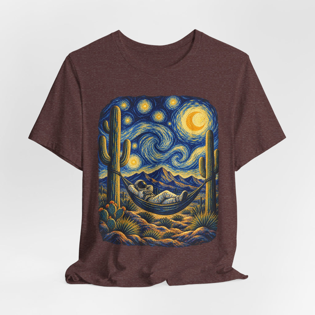Starry Night Desert Astronaut T-Shirt in Heather Maroon - Southwest desert astronaut starry night space graphic tee, Barely Outdoorsy